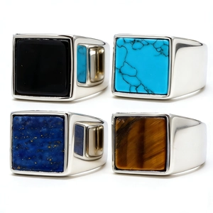 Vintage Square Signet Ring For Men Stainless Steel Polished Natural Stone Inlay Band Ring Business Jewelry Accessory