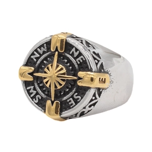 Vintage two-tone compass ring for men with nautical star and floral engraving