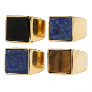 Mens square signet rings with black agate and tiger eye stones in golden finish