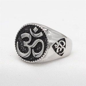 Vintage stainless steel Om sign seal ring with black textured inlay for men