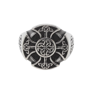 Vintage Viking cross signet ring in silver stainless steel with Celtic knot relief