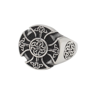 Detailed view of vintage Viking Celtic knot cross ring in stainless steel for men
