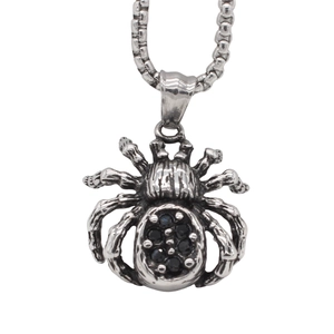 Retro Gothic Spider Pendant Titanium Steel Men Necklace With Black Rhinestone Antique Silver Animal Jewelry Without Chain