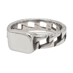 Minimalist silver chain link stainless steel ring with a smooth flat rectangular surface