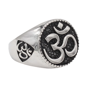 Men's retro stainless steel signet ring with silver Om religious symbol and black texture