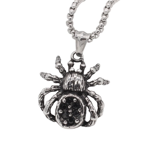 Gothic spider pendant necklace in vintage stainless steel with black gemstones