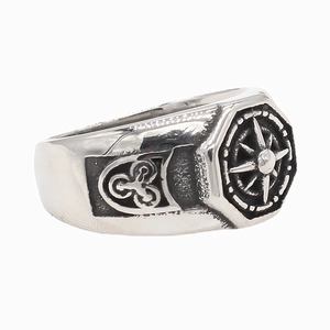 Vintage octagonal compass signet ring for men in antique silver finish steel