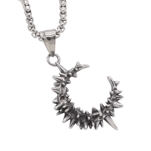 Gothic moon crescent pendant in vintage silver steel finish with a sturdy box chain