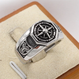 Vintage stainless steel octagon compass ring with Celtic knot carvings for men