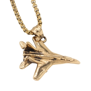 Retro golden stainless steel fighter jet pendant necklace for men with box chain