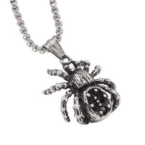 Retro stainless steel spider pendant necklace for men with black round gemstones