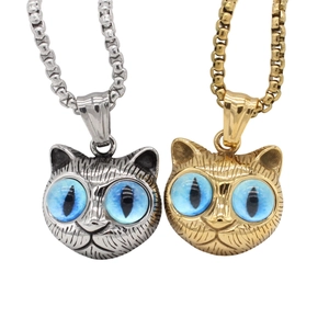 Titanium Steel Cat Head Pendant Necklace With Blue Glass Eyes Retro Artistic Animal Pendant For Women Jewelry Gift No Chain