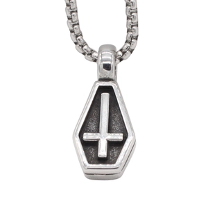 Gothic silver coffin pendant necklace with inverted cross detail and box chain