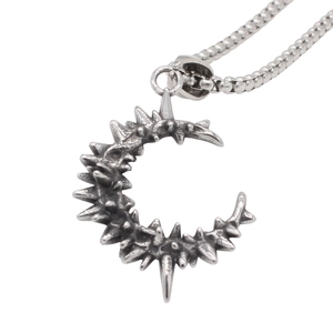 Gothic punk crescent moon pendant with spikes in retro silver titanium steel