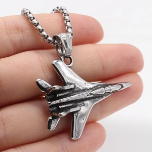 Retro stainless steel fighter jet pendant necklace with round box chain for men