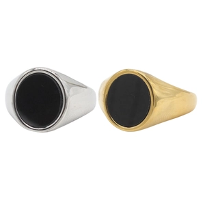 Minimalist oval black signet rings in gold and silver finish stainless steel