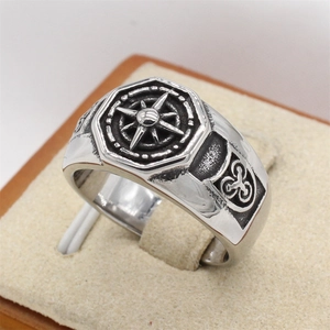 Retro stainless steel compass signet ring for men featuring Nordic Celtic carvings
