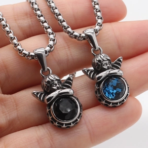 Retro angel pendants with black and blue stones on stainless steel box chains