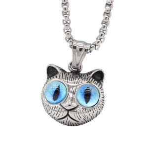 Retro stainless steel cat pendant necklace with blue eyes and detailed fur texture