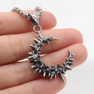 Retro crescent moon pendant with thorn detail on box chain for men, gothic punk style