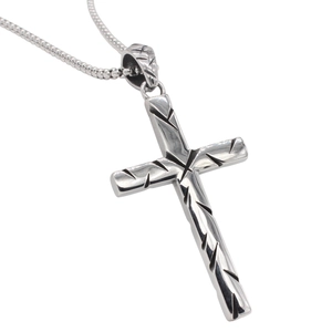 Retro stainless steel cross pendant necklace with textured diagonal groove patterns
