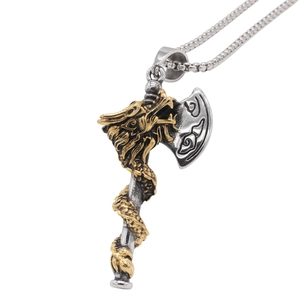 Retro dragon viking axe pendant necklace in silver and gold stainless steel finish