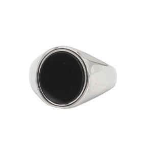 Minimalist silver oval black gemstone signet ring for men with textured stainless steel band