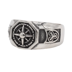 Retro stainless steel men's ring with octagonal compass rose and geometric carvings