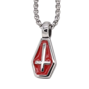 Gothic coffin pendant necklace with red enamel and inverted cross on silver bead chain