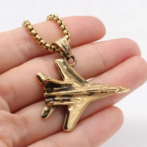 Retro golden jet fighter pendant necklace with box chain for men in vintage style
