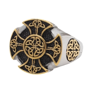 Vintage Viking cross ring for men with black sand texture and gold Celtic knots