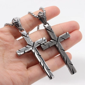Vintage steel cross pendant necklaces in polished silver and retro black finishes