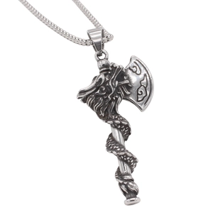 Retro stainless steel viking axe pendant necklace featuring a detailed dragon engraving