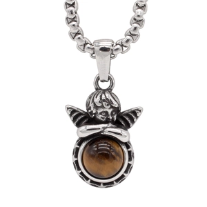 Detail of retro angel pendant in titanium steel with a brown tiger eye stone and box chain