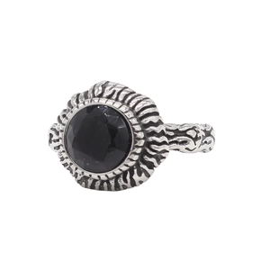 Retro stainless steel men's ring with large round black gemstone and vine textures