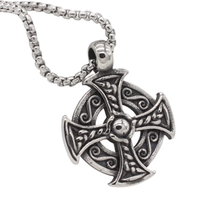 Retro Celtic cross pendant in vintage silver finish with embossed textures and box chain