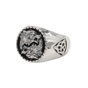 Vintage Viking Wolf stainless steel signet ring with Celtic knot and embossed wolf totem