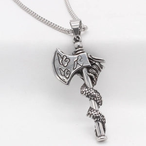 Retro viking axe pendant necklace with dragon wrap and engraved patterns in silver finish