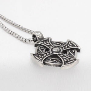 Vintage Celtic cross titanium steel pendant necklace with intricate engraved patterns