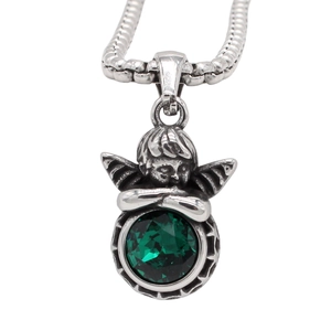 Retro stainless steel angel necklace with dark green gemstone pendant on silver chain