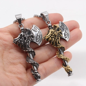 Vintage Viking dragon axe pendant necklace in silver and gold tones with metal bead chain