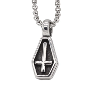 Gothic stainless steel coffin pendant necklace with inverted cross and silver box chain