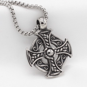 Retro Celtic cross pendant necklace in vintage stainless steel with box chain