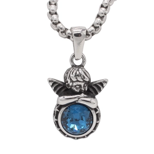 Detail of retro silver angel pendant holding a blue round crystal on steel chain