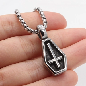 Gothic coffin pendant necklace with inverted cross in stainless steel on box chain