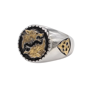 Vintage Viking wolf head ring in two-tone titanium steel with Celtic knot side patterns