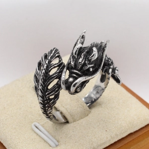 Retro dragon head and feather stainless steel open ring with antique silver finish
