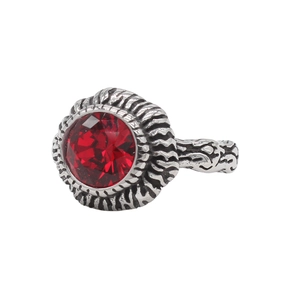 Macro detail of retro steel ring featuring a faceted red gemstone and textured silver band