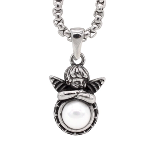 Vintage silver cupid angel necklace with a white pearl pendant on a thick round chain