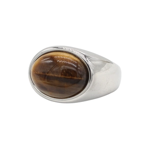 Detailed view of polished stainless steel ring featuring a large oval tiger eye stone